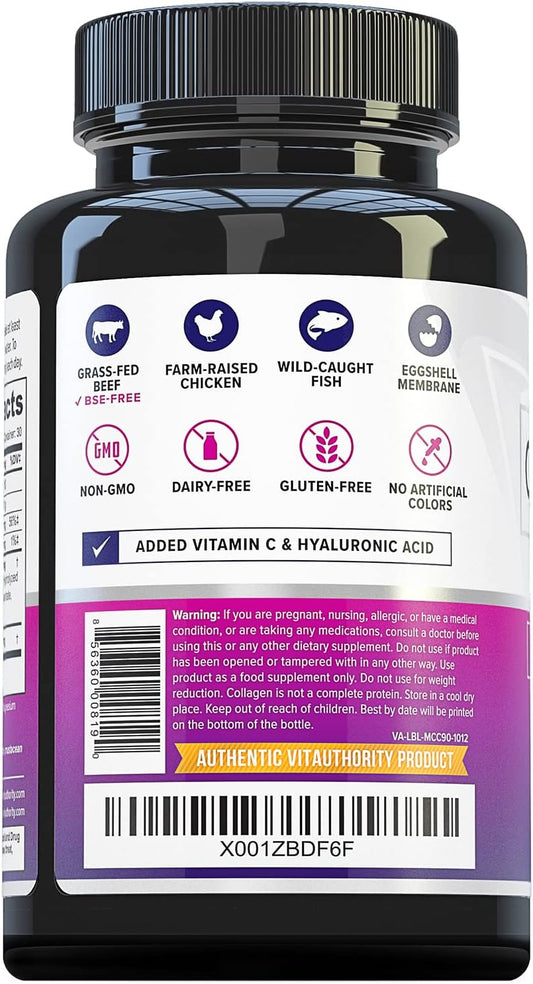 Vitauthority Multi Collagen Pills For Women And Men High Absorption Hydrolyzed Collagen Peptides Capsules For Hair Skin And Nails With Types I Ii Iii V X Hyaluronic Acid And Vitamin C - 30 Servings