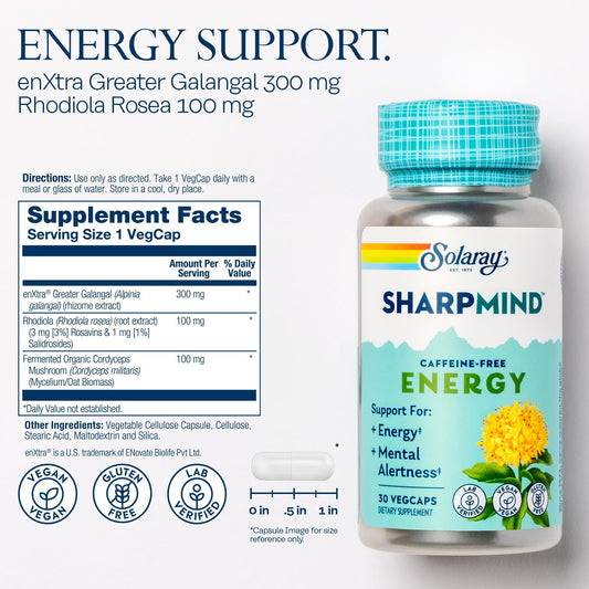 Solaray Sharpmind Energy, Energy Booster For Women And Men, Nootropic Focus Supplement, Caffeine Free Energy Pills With Rhodiola Rosea And Cordyceps, 60 Day Guarantee, 30 Servings, 30 Vegcap Pills
