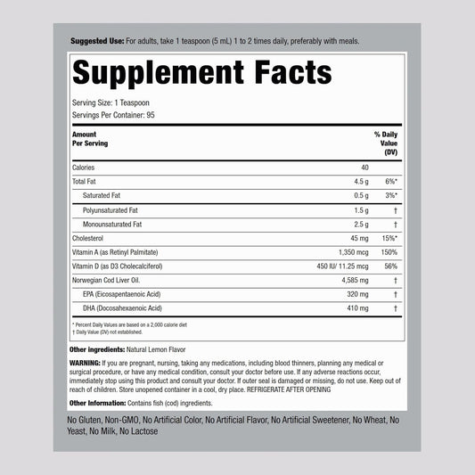 Piping Rock Cod Liver Oil Liquid | 16 fl oz | with EPA and DHA | Engelvaer Norwegian | Lemon Flavor | Non GMO, Gluten Free Supplement