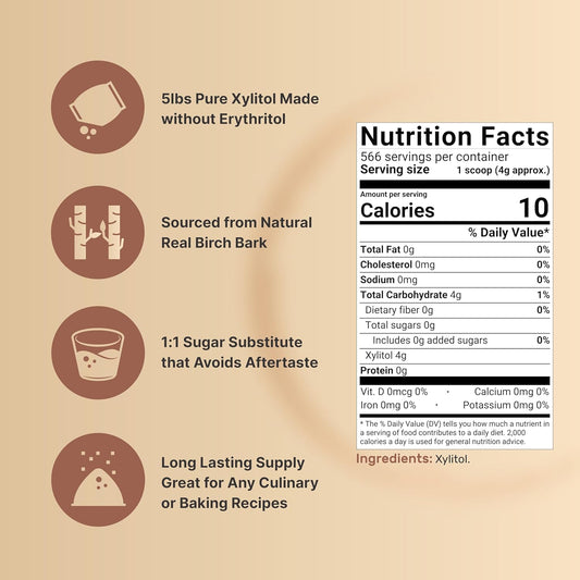 Naturebell Xylitol Sweetener, 5Lbs | Natural Birch Crystal Source โ 1:1 Sugar Substitute โ Sweet Flavor With No Erythritol โ Low Calorie & Glycemic Impact โ Sugar Free, No Aftertaste, Non-Gmo