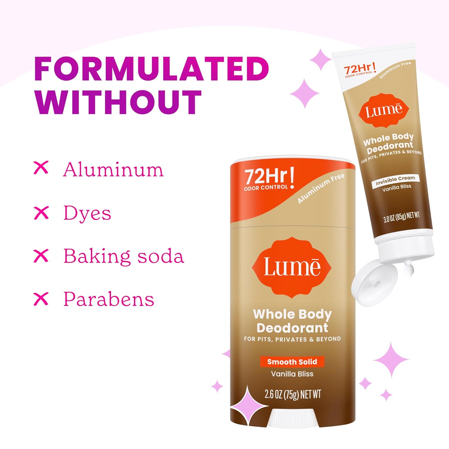 Lume Whole Body Deodorant - Invisible Cream Tube Mini + Solid Stick Bundle - 72 Hour Odor Control - Aluminum & Baking Soda Free, Skin Loving (Peony Rose) : Beauty & Personal Care