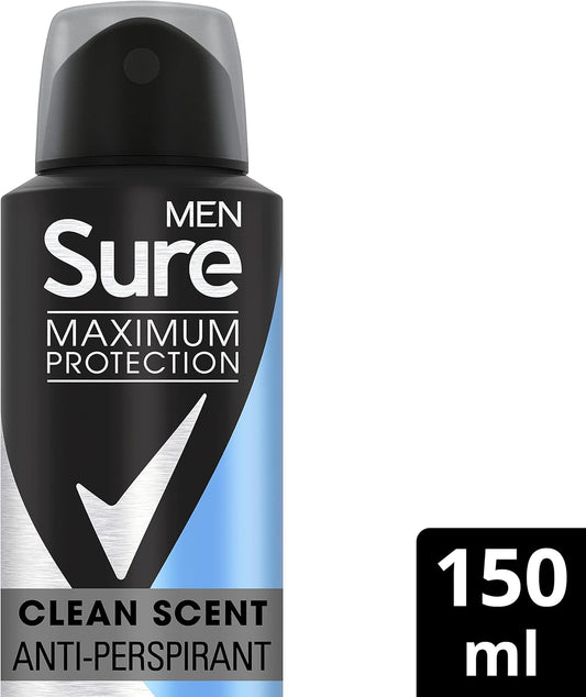 Sure Men Maximum Protection Clean Scent Anti-Perspirant Deodorant Spray With 3X Stronger* Sweat Protection Anti-Perspirant Deodorant Aerosol 96H Protection Against Sweat And Odour