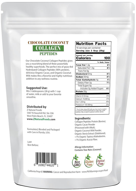 Z Natural Foods Chocolate Coconut Collagen Peptides, Made With Coconut Milk Powder, Delicious Protein Powder For Overall Wellbeing, Sugar-Free, Non-Gmo, Gluten Free, Kosher, 1 Lb