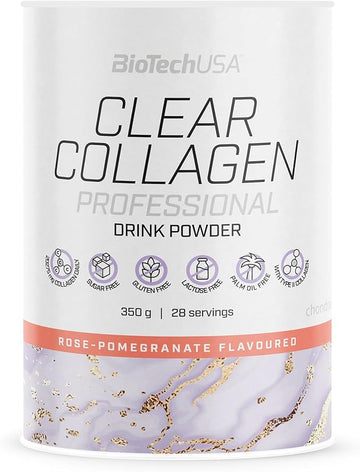 Biotechusa Clear Collagen Professional, Flavoured Drink Powder Containing Hydrolysed Collagen, Hyaluronic Acid, Amino Acids, Vitamins, Minerals, 350 G, Rose & Pomegranate