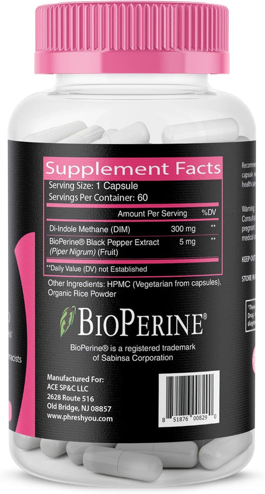 Phresh Dim Supplement - Women Estrogen Balance Support 300 Mg - Gluten-Free Diindolylmethane With Bioperine - Estrogen Supplement For Women And Men - Non-Gmo Hormonal Acne Supplements, Made In The Usa
