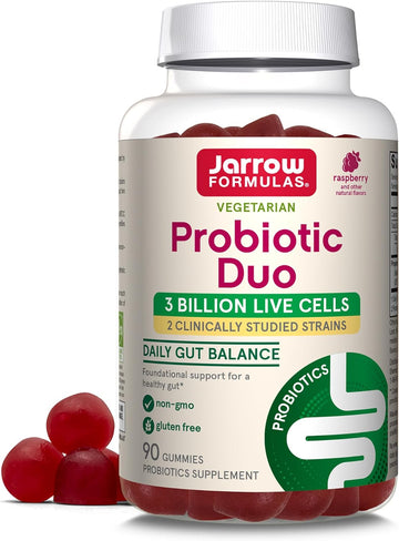 Jarrow Formulas Probiotic Duo 3 Billion Live Cells With 2 Clinically-Studied Strains, Dietary Supplement For Digestive And Immune Health Support, 90 Raspberry-Flavored Gummies, 45 Day Supply