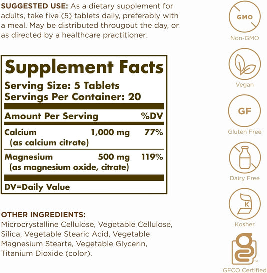 Solgar Calcium Magnesium Citrate - 100 Tablets, Pack Of 3 - Non-Gmo, Vegan, Gluten Free, Kosher - 60 Total Servings