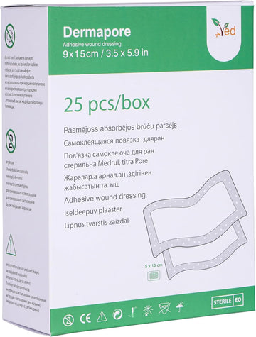 Ved Dermapore Adhesive Wound Dressing- Suitable For Cuts And Grazes, Diabetic Leg Ulcers, Venous Leg Ulcers, Small Pressure Sores- Medium,9 X 15Cm (Pack Of 25)