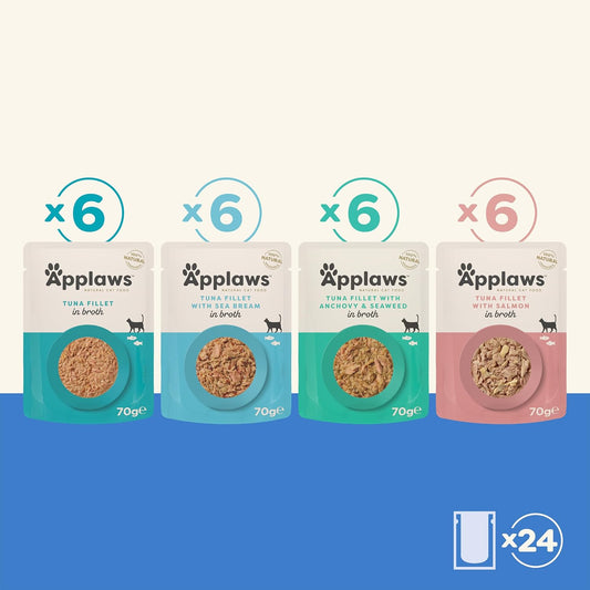 Applaws 100% Natural Wet Cat Food, Pouch Multipack Fish Selection In Broth, 70 G (24 X 70 G Pouches