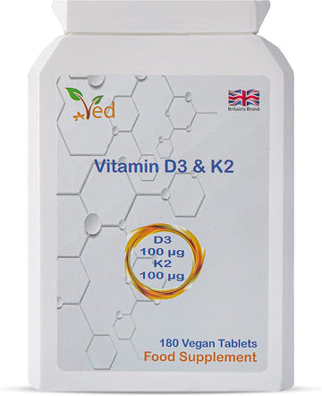 Ved'S Vitamin D3 K2| 100 Mcg Vitamin D3 & 100 Mcg Vitamin K2| High Strength For Bone & Immune System| Vegan, Gluten Free 180 Vegan Tablets |6 Month Supply