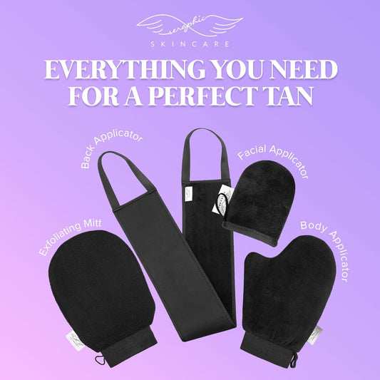 Seraphic Skincare 4-Piece Self Tanner Kit - Includes Premium Exfoliating Self Tanner Mitt, Facial Tanning Mitt, Body Tanning Applicator Mitt, and Back Tanning Applicator Belt for a Perfect Tan Glow