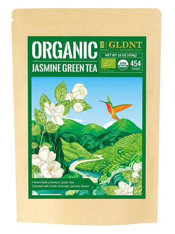 Gldnt Organic Jasmine Green Tea, Organic Jasmine Green Tea Loose Leaf With Delightful Aroma, Delicate And Smooth Flavor, Hot & Iced Tea, 16 Ounce