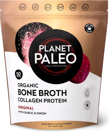 Planet Paleo Organic Bone Broth Collagen Protein Powder (450G, 50 Servings) Original With Garlic & Onion, Grass-Fed, Keto, Low Carb, High Protein Drink Or Add To Soups & Savoury Recipes