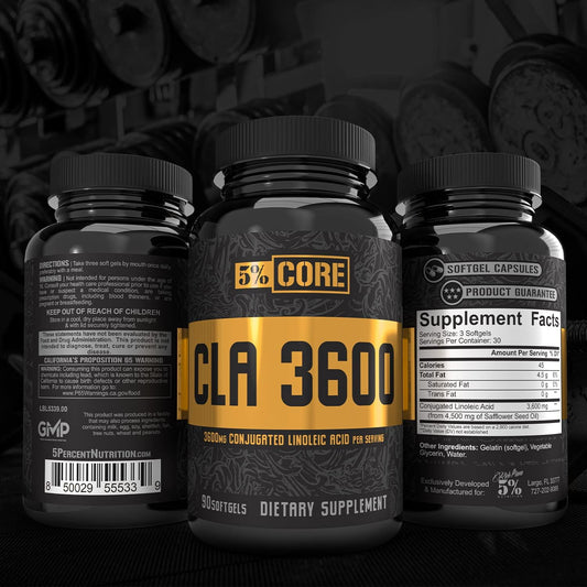5% Nutrition Core Cla Supplement For Weight Loss, Metabolism Support & Muscle Preservation | 3,600 Mg Of Conjugated Linoleic Acid From 4,500 Mg Of Safflower Oil (30 Servings / 90 Softgels)
