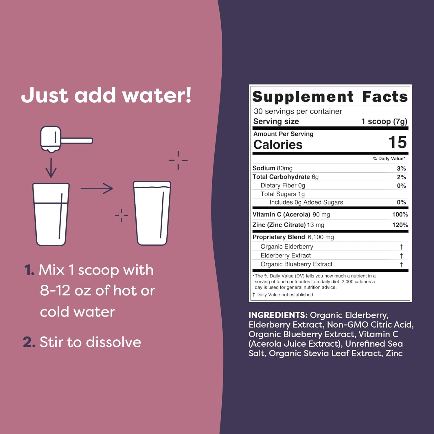 FlavCity Daily Defense Elderberry Immunity Tea with No Added Sugar - Delicious Caffeine-Free Herbal Tea Mix with Acerola Vitamin C & Zinc - Shelf-Stable, Vegan, Keto & Non-GMO (7.4 Oz, 30 Servings) : Grocery & Gourmet Food