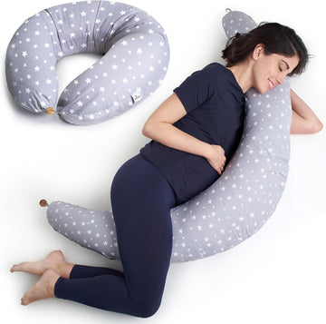 Niimo Xxl Pregnancy Pillow & Nursing Pillow - 2-In-1 Design With A 100% Cotton Cover, Machine-Washable, Grey With White Stars (200 X 70 Cm)