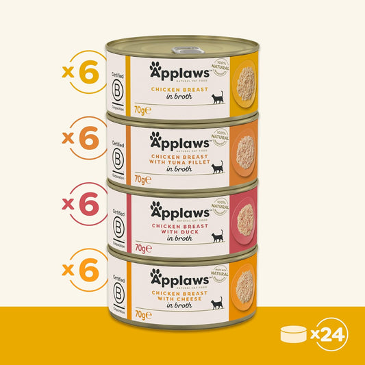Applaws 100% Natural Wet Cat Food, Multipack Chicken Selection In Broth 70G Tin (24 X 70G Tins)1086Ml-A