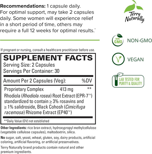 Terry Naturally Menopause Relief Plus - 60 Capsules - Clinical-Strength Formula With Rhodiola & Black Cohosh - Non-Gmo, Vegan, Gluten Free - 30 Servings