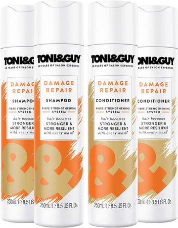 Toni & Guy Salon Shampoo And Conditioner For Dry Damaged Hair, Pack Of 4 X 250Ml Bottles (2 X Damage Repair Shampoo, 2 X Damage Repair Conditioner)