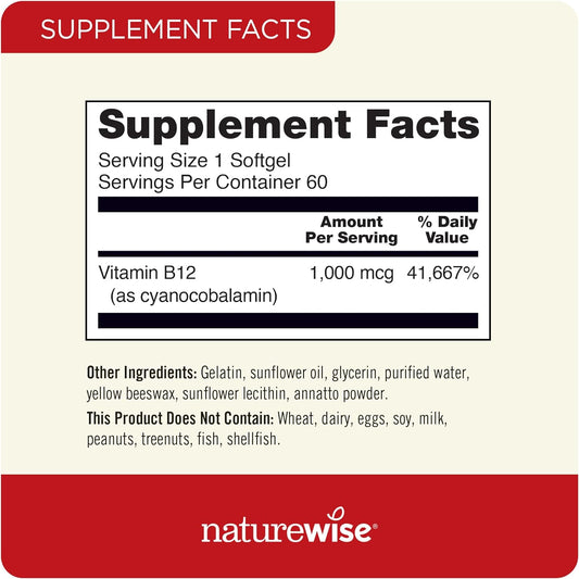 Naturewise Vitamin B12 1,000 Mcg For Mental Clarity & Cognitive Function + Energy Support For Maximum Vitality And Wellbeing | B12 (60 Softgels)