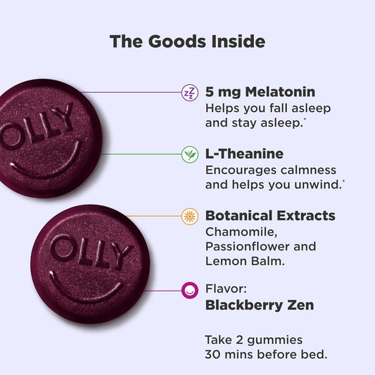 Olly Extra Strength Sleep Gummy, Occasional Sleep Support, 5 Mg Melatonin, L-Theanine, Chamomile, Lemon Balm, Sleep Aid, Blackberry - 60 Count