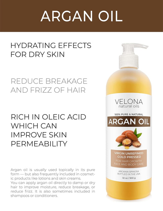 velona Argan Oil - 32 oz (With Pump) | 100% Pure and Natural | Morocco Oil | Stimulate Hair Growth, Skin, Body and Face Care | Nails Protector | Unrefined, Cold Pressed | Cap Kit
