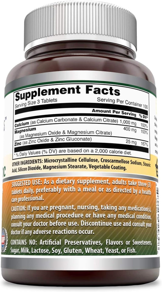 Amazing Nutrition Calcium Magnesium Zinc Dietary Supplement * 300 Tablets Per Bottle * (Calcium- 1000 mg, Magnesium 400mg - Zinc 25mg Per Serving of 3 Tablets)