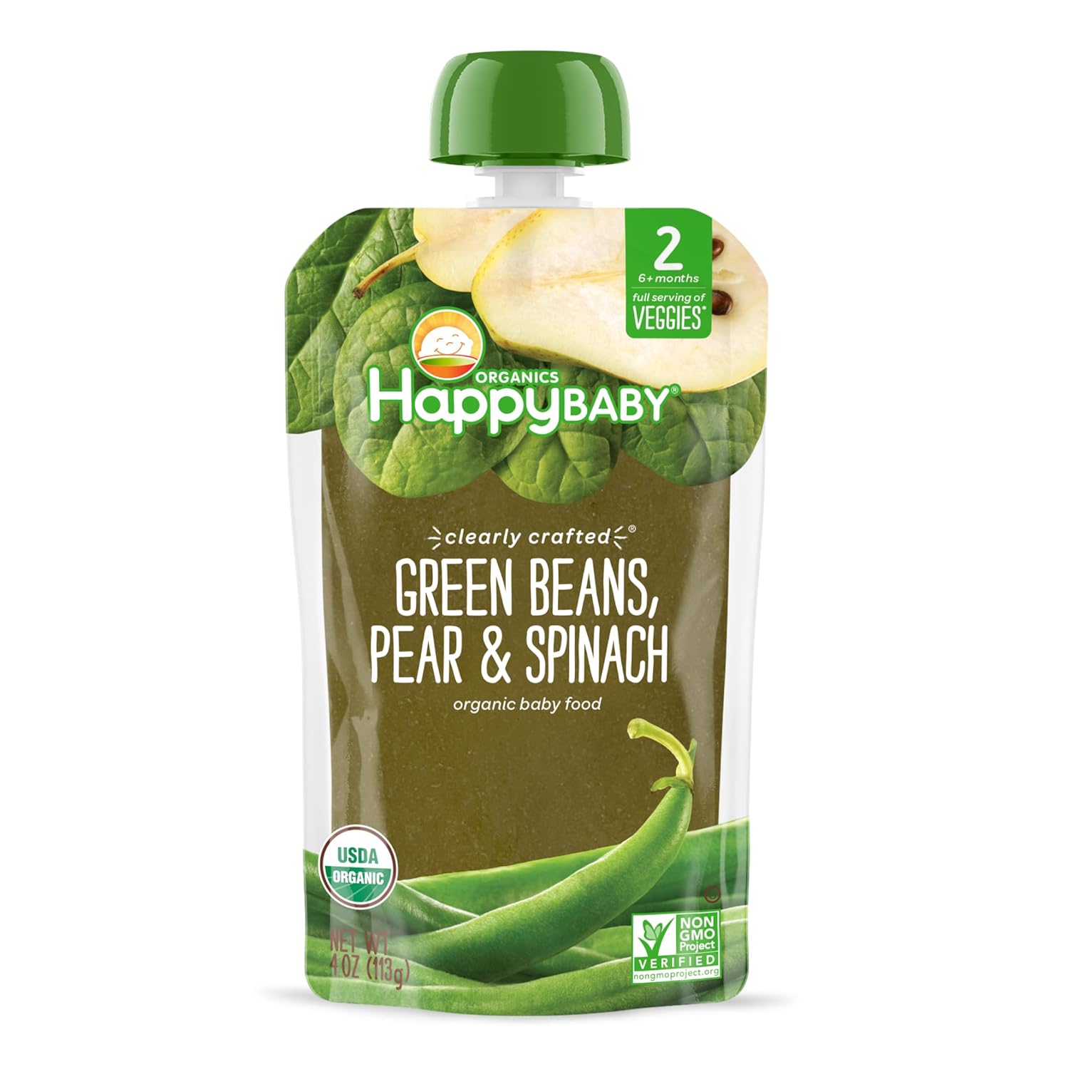Happy Baby Organics Stage 2 Baby Food Pouches, Gluten Free, Vegan & Healthy Snack, Clearly Crafted Fruit & Veggie Puree, Green Beans, Pears & Spinach, 4 Ounces (Pack of 16) : Everything Else