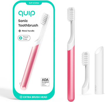 Quip Sonic Toothbrush For Adults With Timer - Includes Extra Brush Head And Travel Cover Mount - Electric, Soft Bristle Refill Head, Metal Handle, 3 Month Battery Life - Travel Toothbrush - Pink