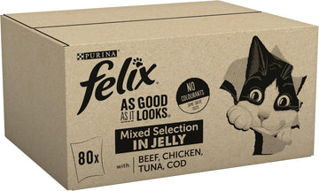 Felix As Good As It Looks Adult Wet Cat Food Mixed In Jelly Beef, Cod, Tuna And Chicken 80 X 100G Pouches