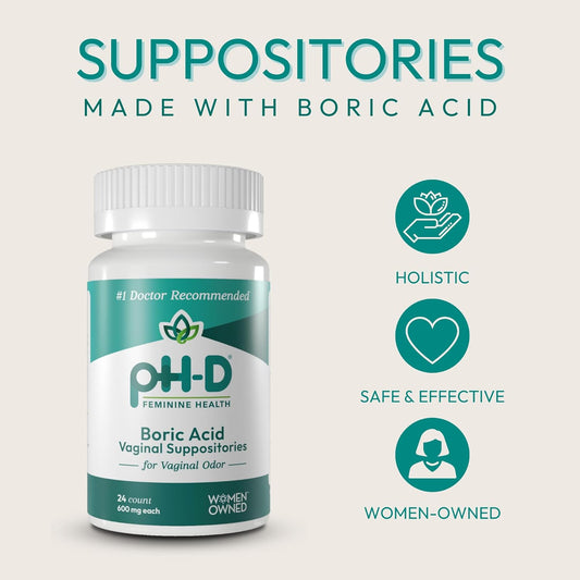 Ph-D Feminine Health - Boric Acid Starter Bundle - Ph-D Boric Acid Vaginal Suppositories With Vaginal Suppository Applicators (24Ct W/ 5 Applicators)