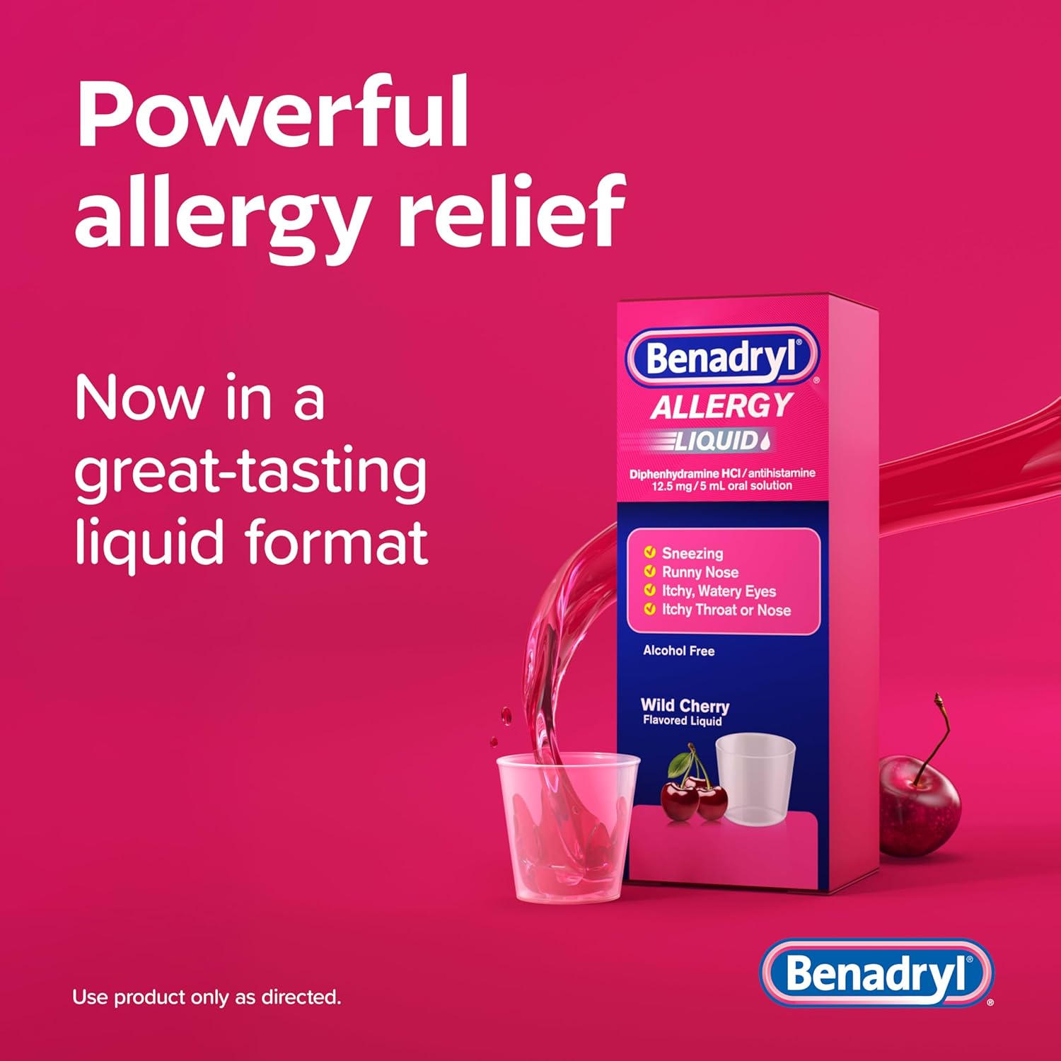 Benadryl Allergy Relief Liquid Medicine, Allergy Liquid For Adults With Diphenhydramine Hcl Antihistamine For Relief For Symptoms Due To Hay Fever, Alcohol-Free, Wild Cherry, 4 Fl. Oz : Health & Household