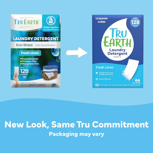 Tru Earth Compact Dry Laundry Detergent - Up To 128 Loads (64 Sheets) - Paraben-Free - Original Eco-Strip Liquidless Detergent, Travel - Fresh Linen | Packaging May Vary