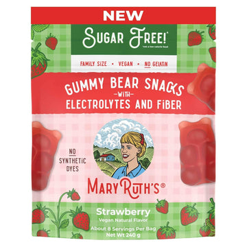 Maryruth Organics Sugar Candy, Sugar-Free Gummy Bears Snack With Electrolytes And Fiber, For Kids And Adults, Strawberry, Vegan, Gluten Free, Non-Gmo, Family Size, 240 Grams, 0.52 Pounds, 8 Pieces