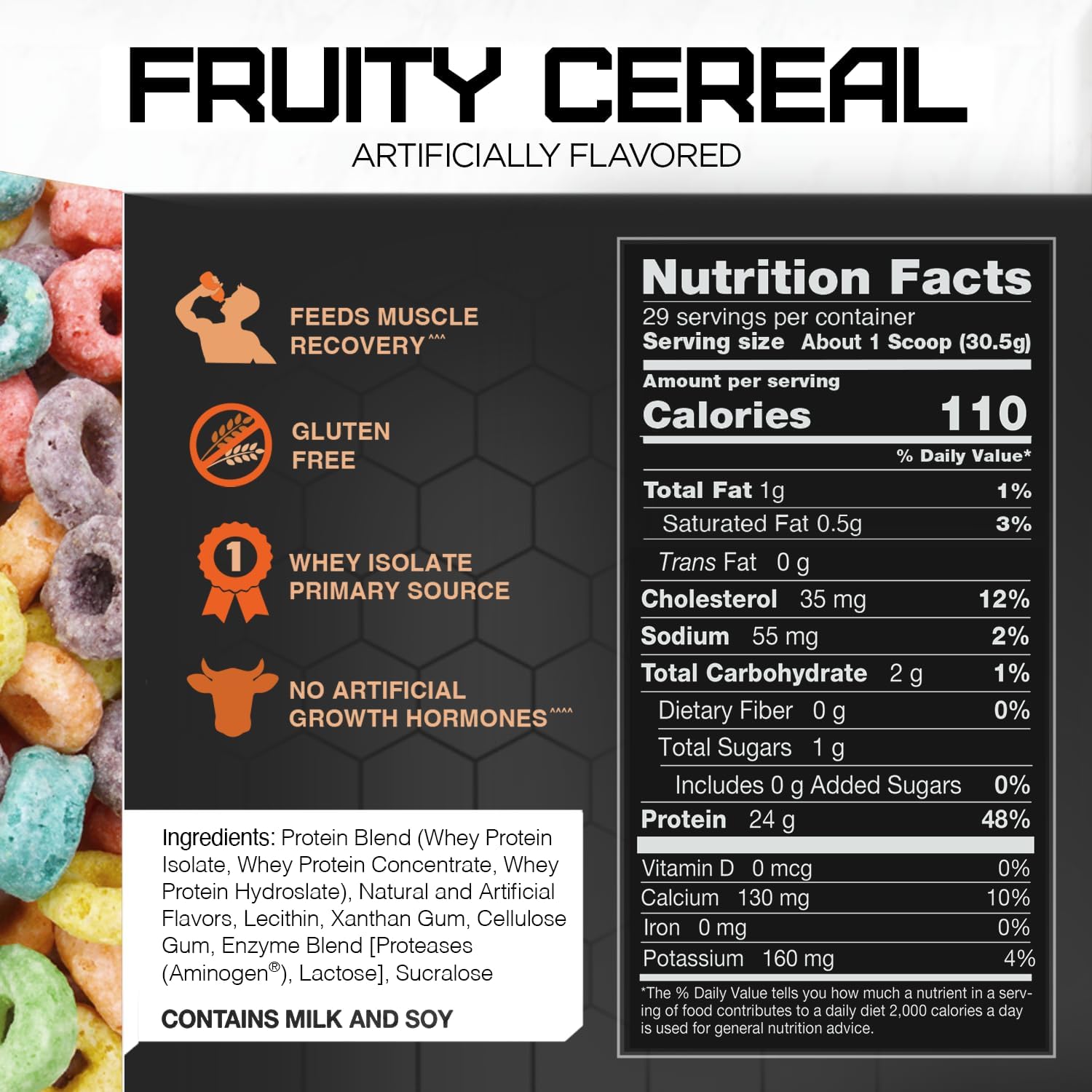Rivalus Rivalwhey β Fruity Cereal 2lb - 100% Whey Protein, Whey Protein Isolate Primary Source, Clean Nutritional Profile, BCAAs, No Banned Substances, Made in USA