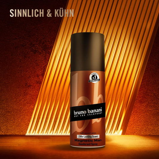 Bruno Banani Magnetic Man Deodorant Body Spray, Body Spray With Captivating Woody Amber Note, 24-Hour Hold, 150 Ml