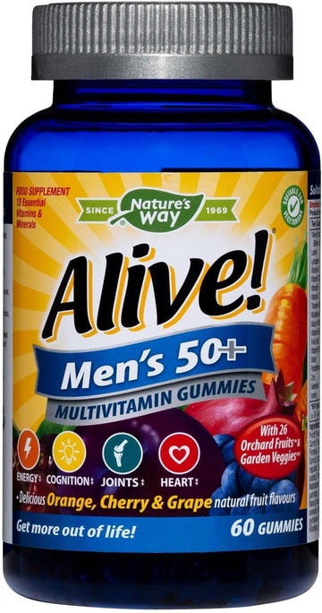 Alive! Men'S 50+ Multivitamin Gummies, A Unique Dried Blend Of 26 Fruits And Vegetables, Specially Formulated For Men Over Fifty, Suitable For Vegetarians - 60 Gummies