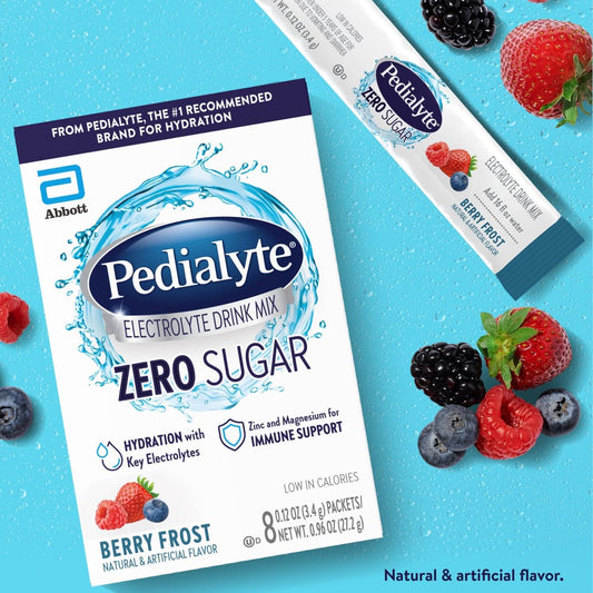 Pedialyte Electrolyte Drink Mix With Zero Sugar | Hydration With Key Electrolytes | Great Hydration Low In Calories | Berry Frost, 8 Powder Packets