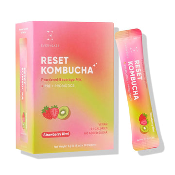 Everydaze Reset Kombucha Tea Powdered Beverage Mix | 10 Sticks | Prebiotics + Probiotics | Vegan | No Added Sugar, Gluten Free, Sparkling Powder Drink Pack (Strawberry Kiwi)