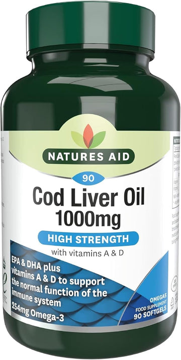 Natures Aid Cod Liver Oil 1000Mg Softgels – High Strength Omega-3 Fish Oil With Vitamins A & D – Supports Immune System, Heart Health, Brain, Vision, Joints – Non-Gmo – 90 Capsules