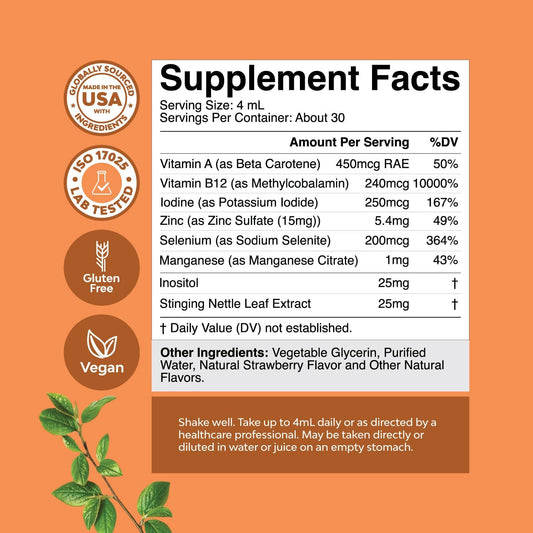 High Absorption Thyroid Support Supplement - Vegan Liquid Iodine Supplements For Thyroid Support For Women And Men With Myo-Inositol Selenium And Stinging Nettle For Enhanced Energy And Focus