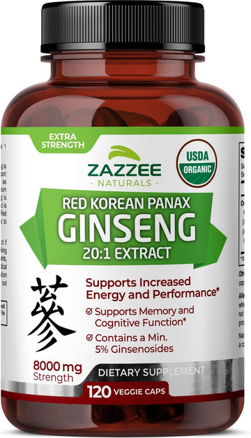 Zazzee Usda Organic Red Korean Panax Ginseng 20:1 Extract, 8000 Mg Strength, 5% Ginsenosides, 120 Vegan Capsules, Standardized And Concentrated 20X Root Extract, 100% Vegetarian, All-Natural, Non-Gmo