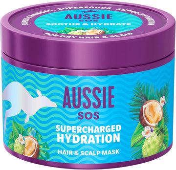 Aussie Sos Supercharged Hydration Scalp & Hair Mask, Soothe Dry Scalp And Rehydrate Extremely Dry, Thirsty Hair, 100 Hours Of Hydration, Leave In Cream Or Rinse Out, 500Ml