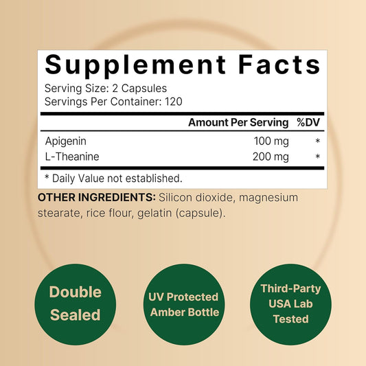 Naturebell Apigenin 100Mg With L-Theanine, 240 Capsules (50Mg Apigenin Per Capsule) β Extra Strength Sleep & Relaxation Supplement β Bioflavonoid, Antioxidant, & Amino Acid Complex β Non-Gmo