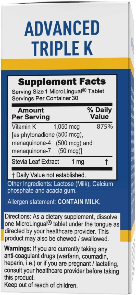 Superior Source Triple K, 3-In-1 Formula, Mk-4 500 Mcg, Mk-7 50 Mcg, K1 500 Mcg, Quick Dissolve Microlignual Tablets, 30 Count, Healthy Bones And Arteries, Immune & Cardiovascular Support, Non-Gmo