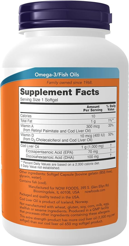 NOW Supplements, Cod Liver Oil, Extra Strength 1,000 mg with Vitamins A & D-3, EPA, DHA, 180 Softgels