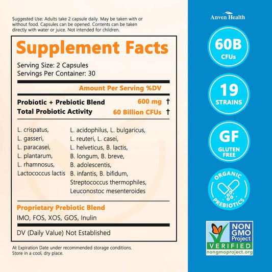 60 Billion Probiotics For Women And Men 19 Strains 5 Organic Prebiotics For Gut Digestive & Immune Health, Supports Diarrhea Gas Bloating, Vegan Probiotic Supplement Formula60 Caps