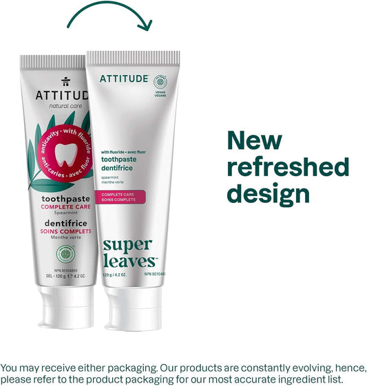 Attitude Complete Care Toothpaste With Fluoride, Spearmint Flavor, Vegan & Cruelty-Free, Sugar-Free, Plant & Mineral-Based Ingredients, Clean Oral Care, 4.2 Oz