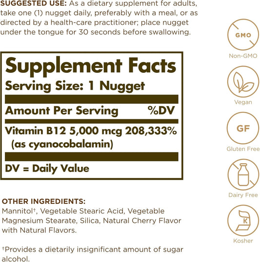 Solgar Megasorb Vitamin B12 5000 Mcg - 30 Nuggets - Non-Gmo, Vegan, Gluten Free, Dairy Free, Kosher - 30 Servings