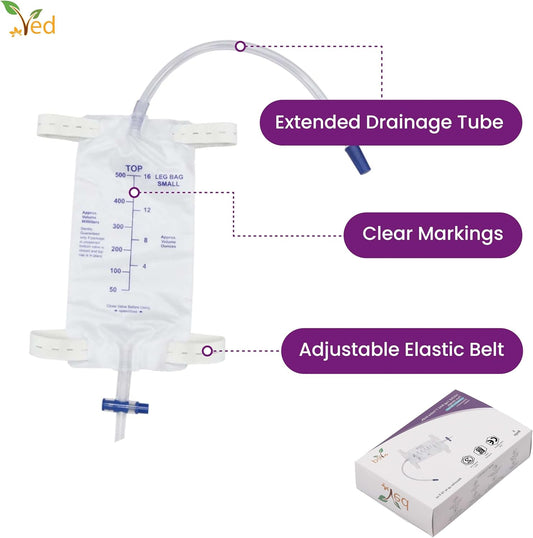 Ved Urine Pvc Leg Bag, T Valve With Two Straps And A Natural Leg-Shape Design,500 Ml (Pack Of 5)